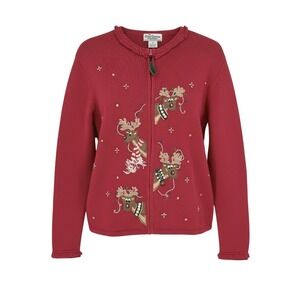 Vintage Heirloom Collectibles Red Reindeer Christmas‎ Sweater Cardigan Size 16